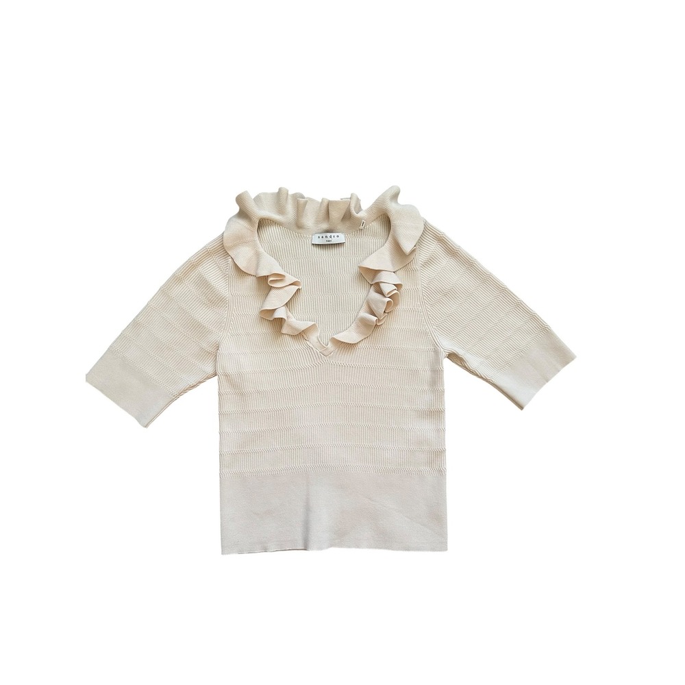 Coquette Sandro Paris Ruffled V-Neck Knit Top Size 3 L Ecru Ribbed Short Sleeve